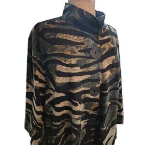 Ali Miles Knit Swing Jacket Womens 3X Olive Green Brown Camo Stripes Buttons NWT